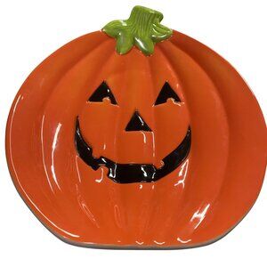 Hallmark Carved Halloween Pumpkin Shaped Ceramic Dish 9.5’x8’ Orange Black